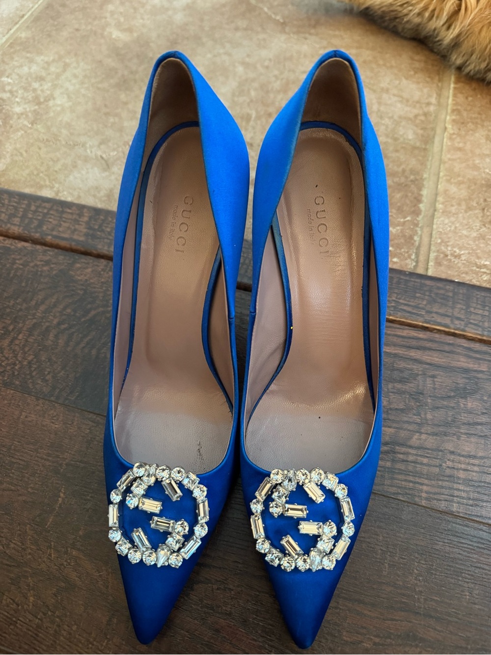 Gucci Blue Satin Pointed-Toe Pumps with Crystal GG Buckle